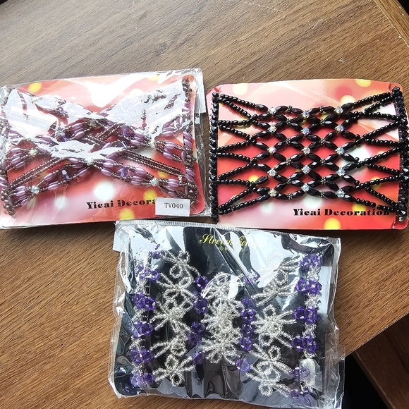 Yicai Decoration Accessories - New Beaded Comb Hair Accessories - 3 Sets - Purple & Black